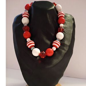 Chunky Bubblegum Necklace with Red, White and Striped beads of Different Sizes